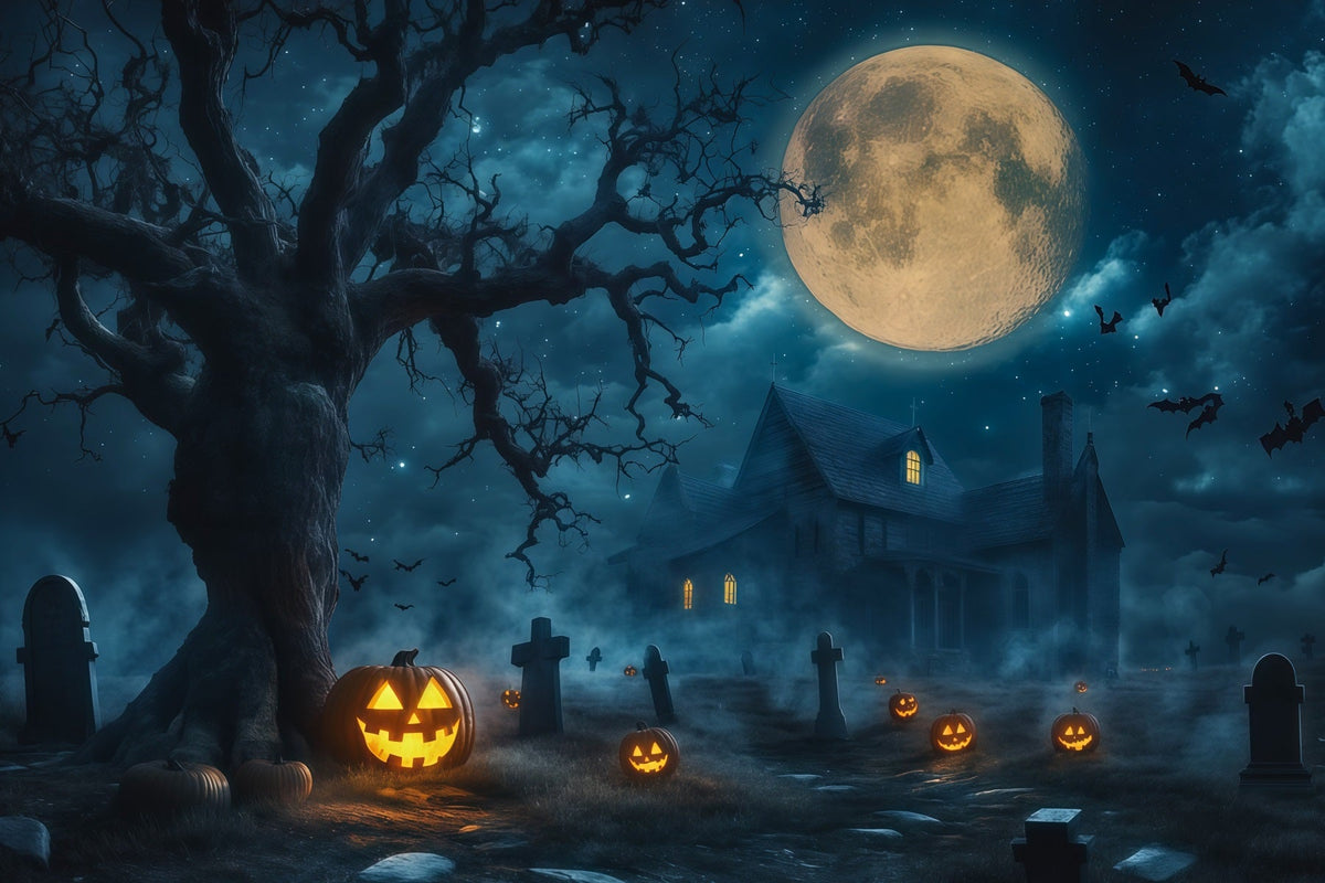 Hintergrundbanner Für Ein Spukhaus Mondbeschienener Kürbis Friedhof Herrenhaus Halloween-Bühnenhintergrund RR67-197