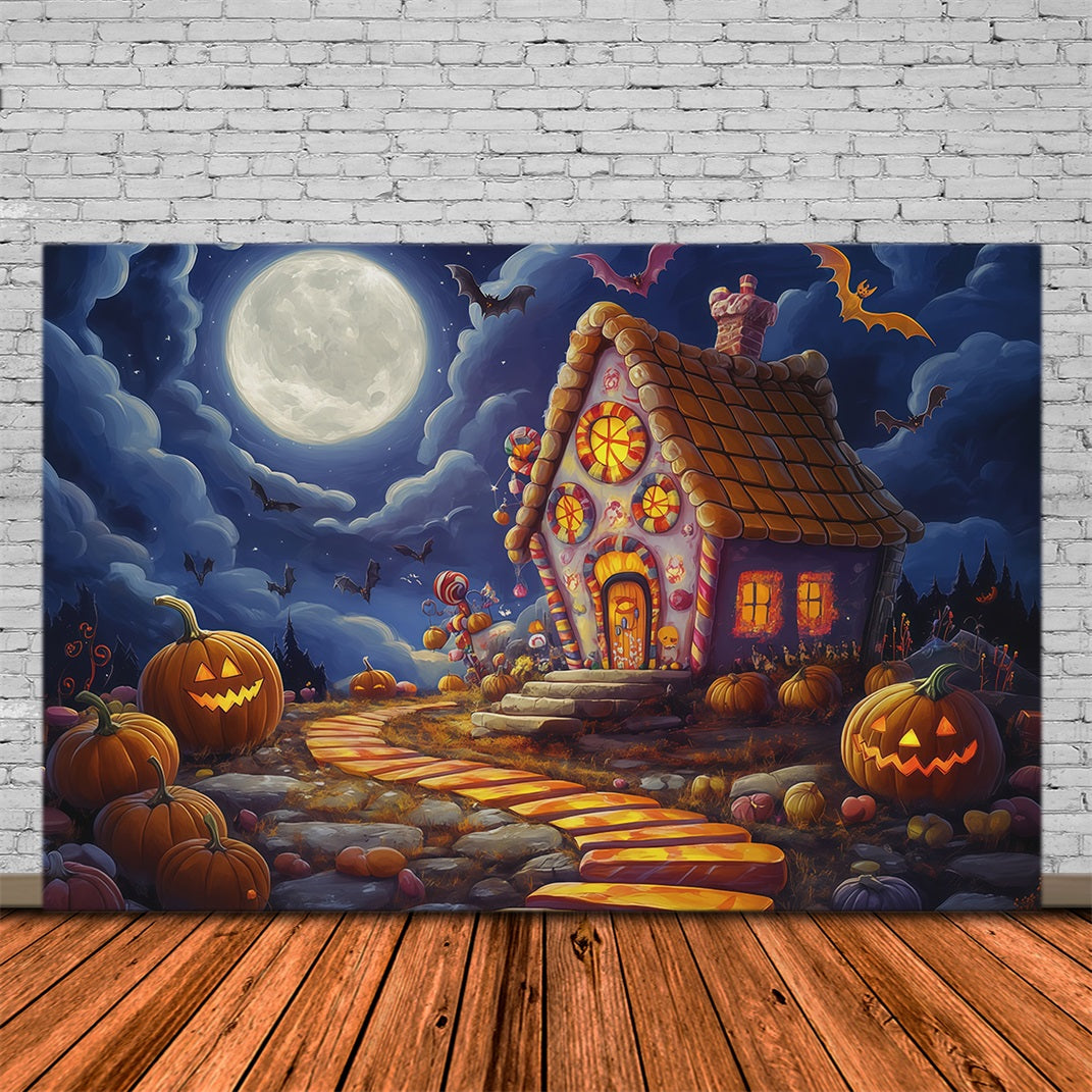Halloween-Fotohintergrund Für Die FotoboxMondbeschienenes Süßigkeitenhaus Mit Kürbissen Niedlicher Halloween-Hintergrund RR67-23