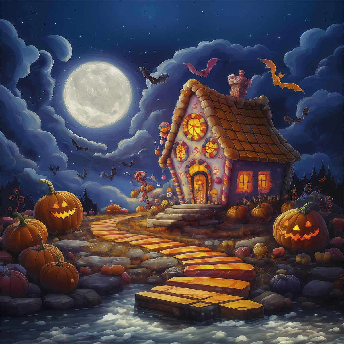 Halloween-Fotohintergrund Für Die FotoboxMondbeschienenes Süßigkeitenhaus Mit Kürbissen Niedlicher Halloween-Hintergrund RR67-23