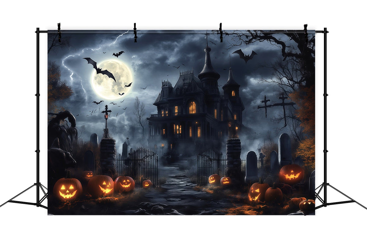 Gruselige Halloween-KulisseStürmisches Herrenhaus Kürbisfriedhof RR67-24