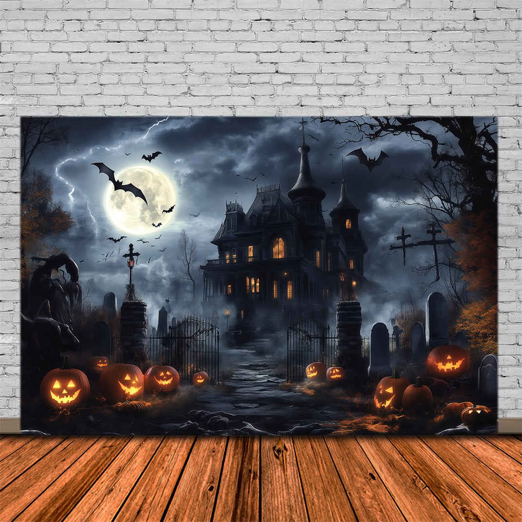 Gruselige Halloween-KulisseStürmisches Herrenhaus Kürbisfriedhof RR67-24