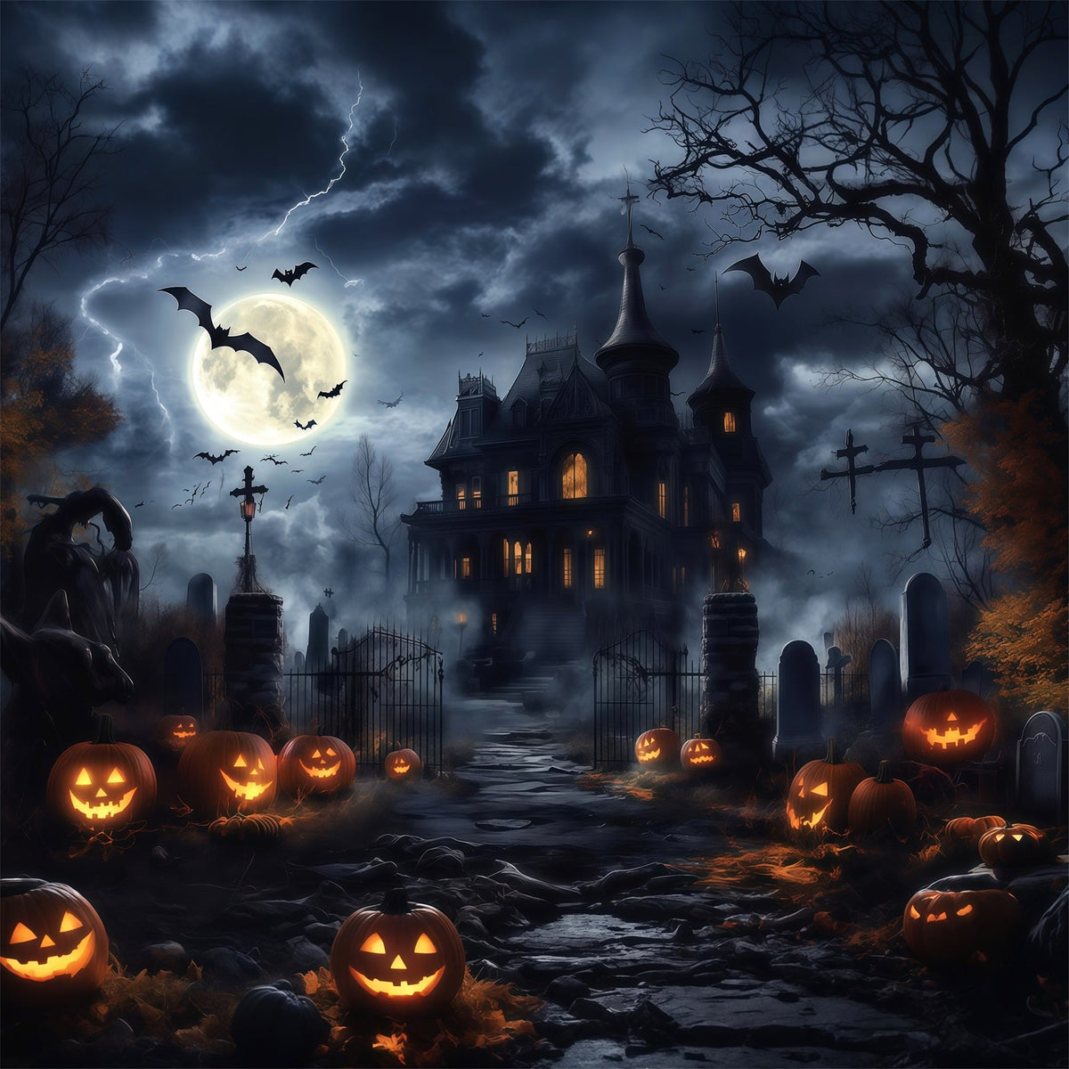 Gruselige Halloween-KulisseStürmisches Herrenhaus Kürbisfriedhof RR67-24