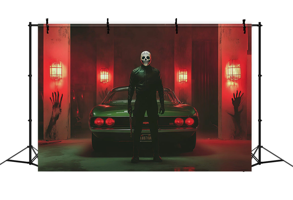 Halloween-Garage-Kulisse Maskiertes Killerauto Blutige Handabdrücke Hintergründe Für Halloween RR67-25