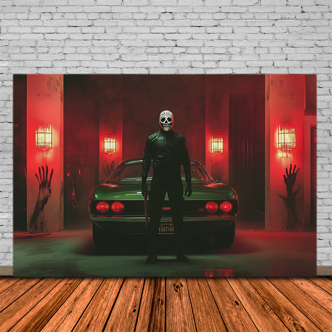 Halloween-Garage-Kulisse Maskiertes Killerauto Blutige Handabdrücke Hintergründe Für Halloween RR67-25