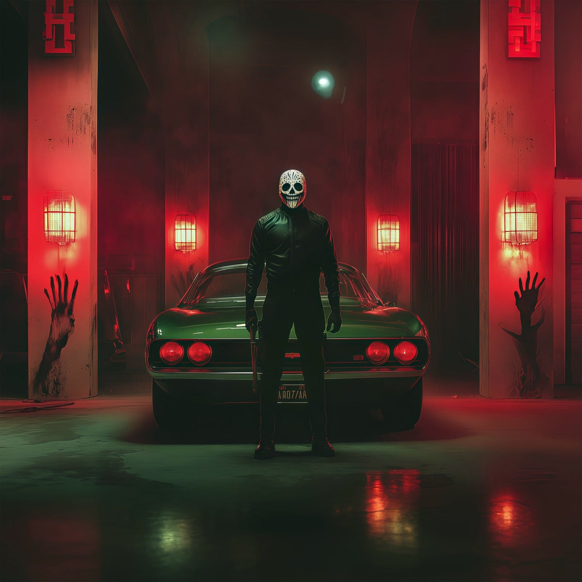 Halloween-Garage-Kulisse Maskiertes Killerauto Blutige Handabdrücke Hintergründe Für Halloween RR67-25