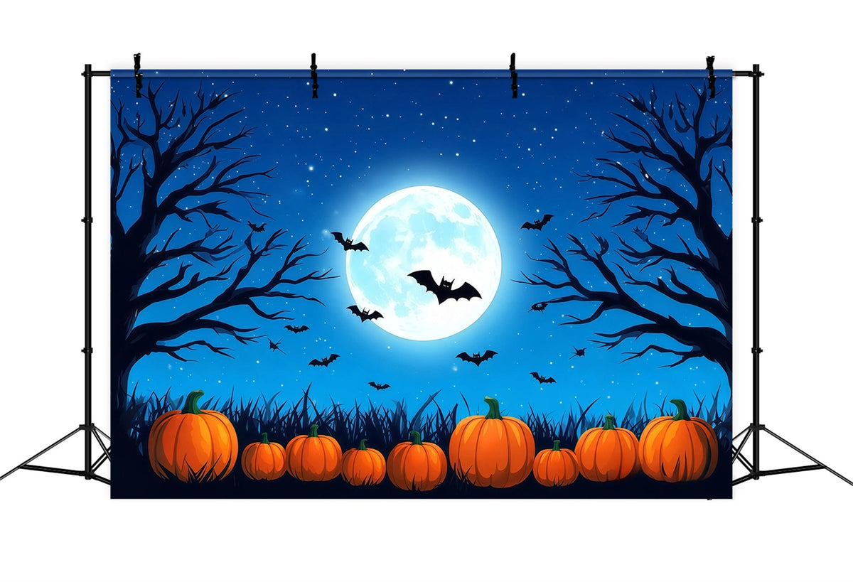 Halloween-Fotohintergrund Mit Blauem Mond Kürbissen Und Fledermäusen RR67-34