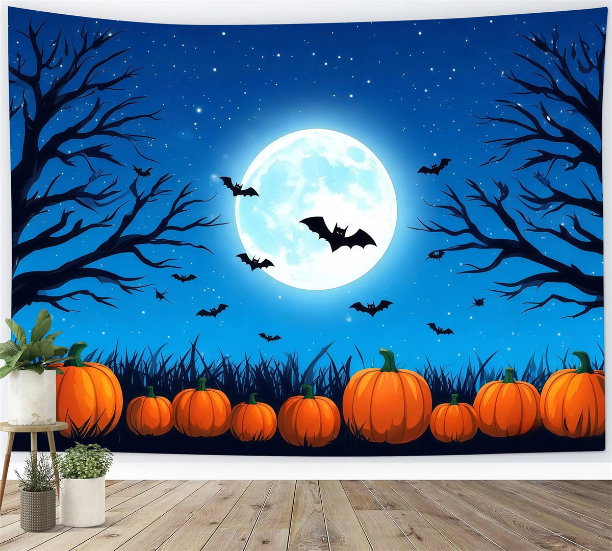 Halloween-Fotohintergrund Mit Blauem Mond Kürbissen Und Fledermäusen RR67-34
