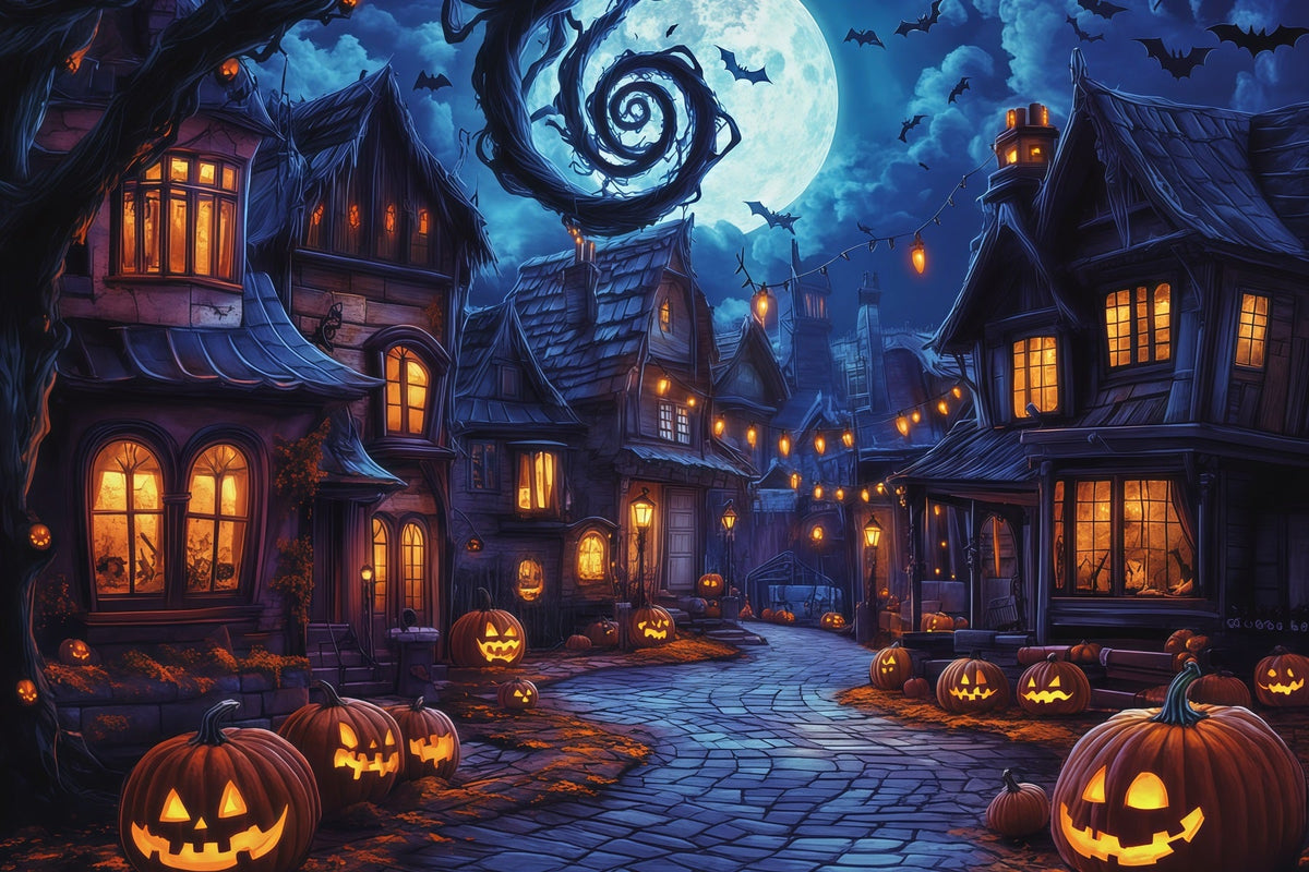 Fotohintergründe Halloween Gruseliges Dorf Kürbisstraße Halloween Stadt Hintergrund RR67-37