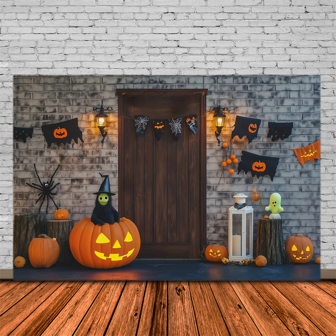 Halloween-Fotohintergrund Mit Backsteintür Und Kürbisdekorationen RR67-4