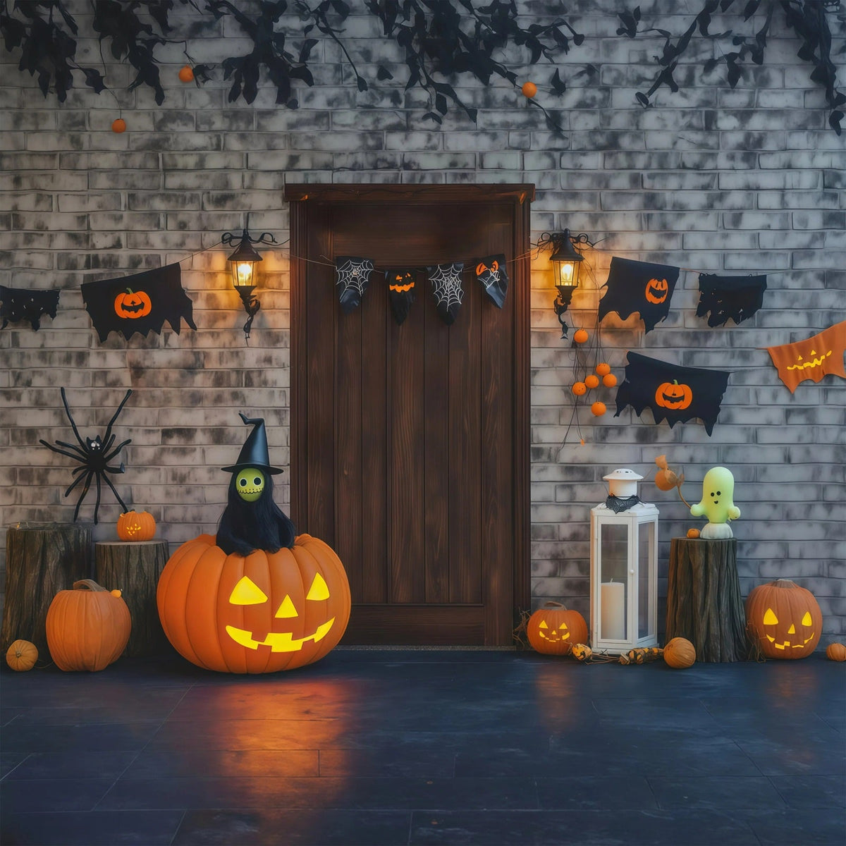 Halloween-Fotohintergrund Mit Backsteintür Und Kürbisdekorationen RR67-4