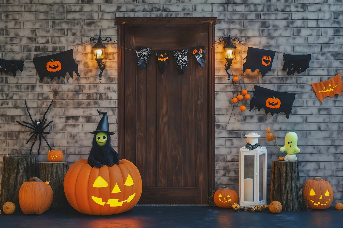 Halloween-Fotohintergrund Mit Backsteintür Und Kürbisdekorationen RR67-4