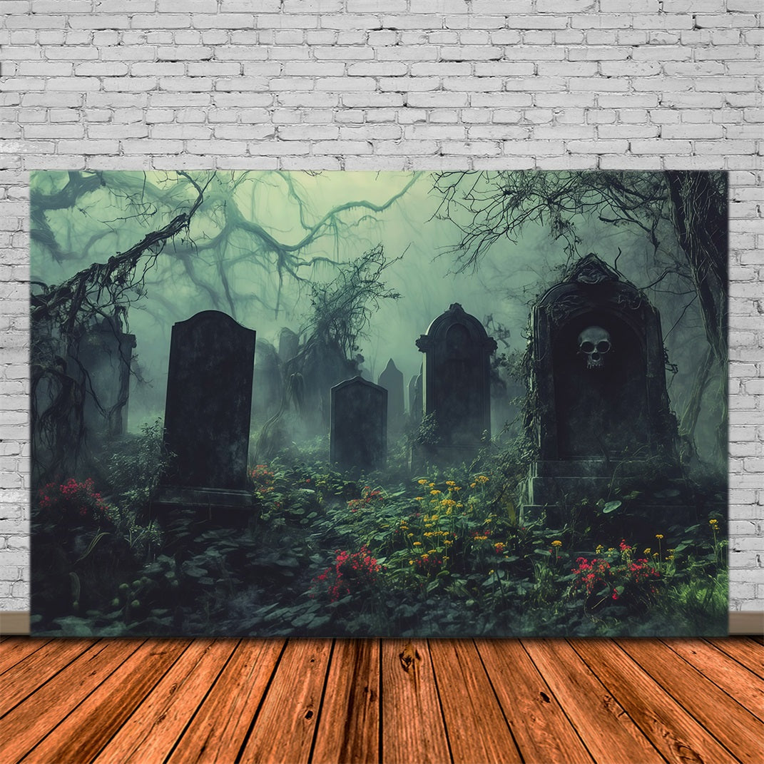 Halloween-StoffkulisseNebelverhangener Überwucherter Friedhof Mit Grabsteinen RR67-43