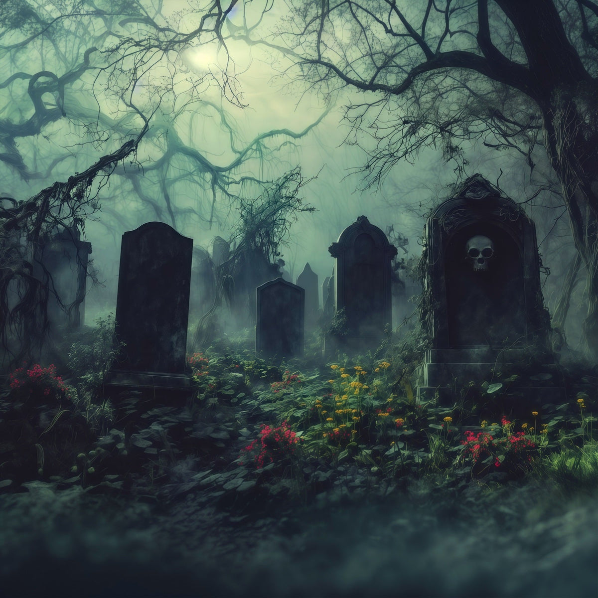 Halloween-StoffkulisseNebelverhangener Überwucherter Friedhof Mit Grabsteinen RR67-43