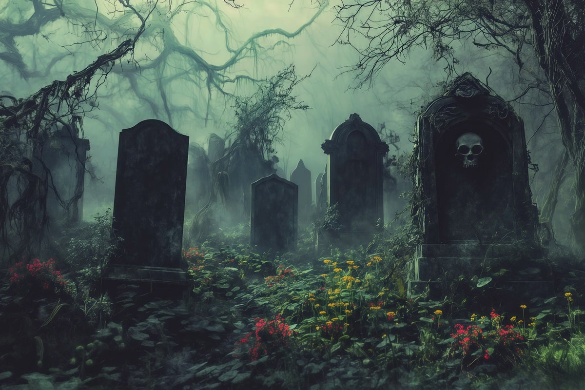 Halloween-StoffkulisseNebelverhangener Überwucherter Friedhof Mit Grabsteinen RR67-43