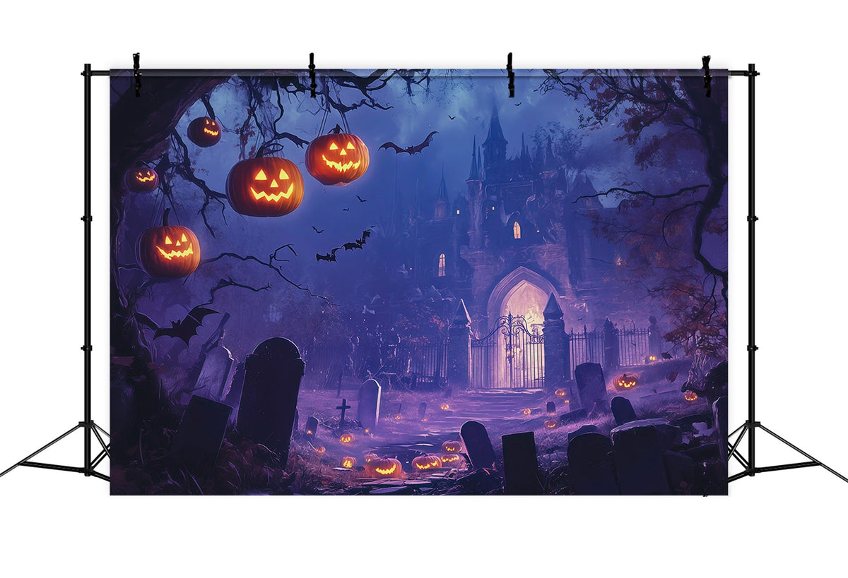 Halloween-Hintergrundideen Zum SelbermachenLila Burg Kürbis Friedhof Lila Halloween-Hintergrund RR67-44