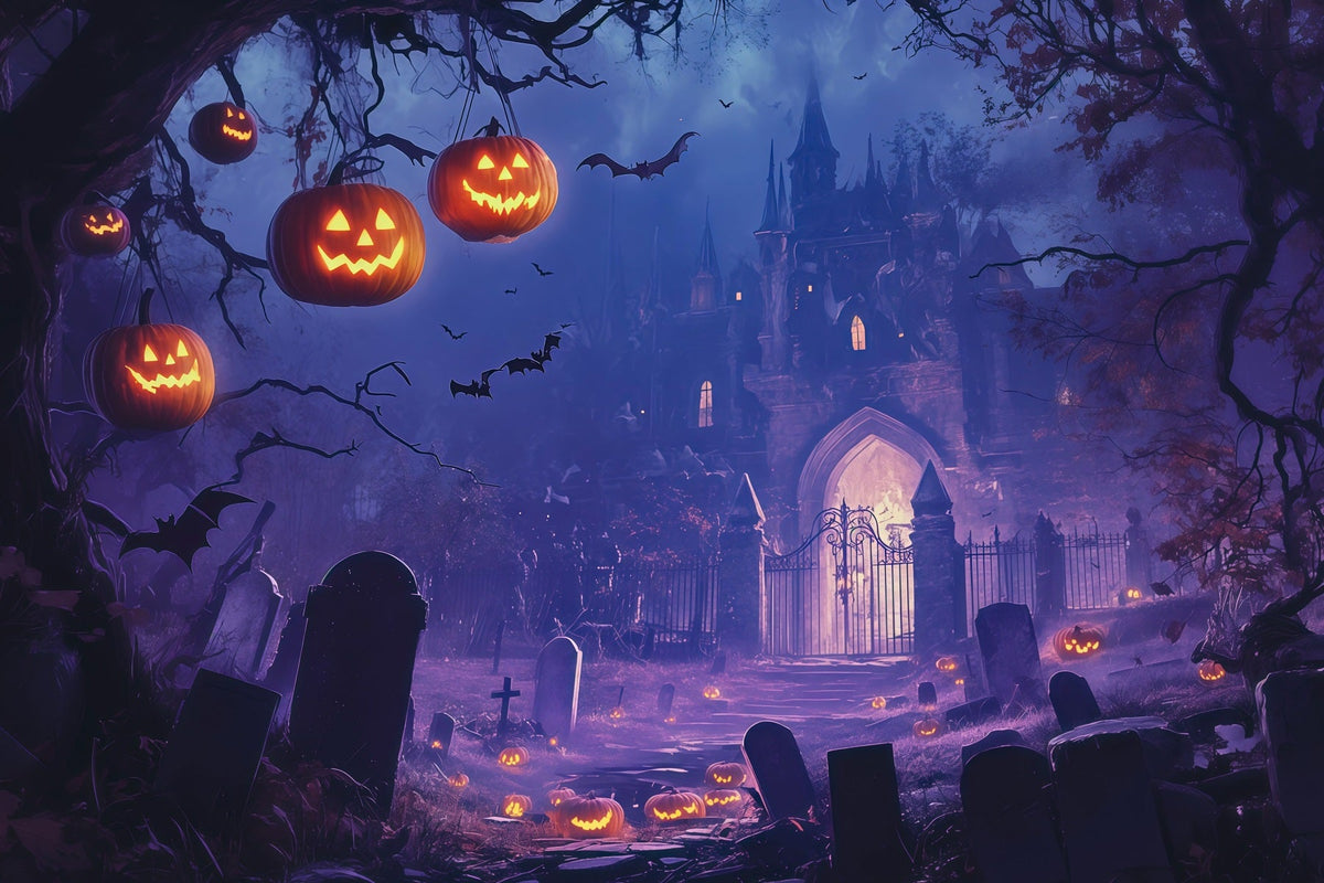Halloween-Hintergrundideen Zum SelbermachenLila Burg Kürbis Friedhof Lila Halloween-Hintergrund RR67-44