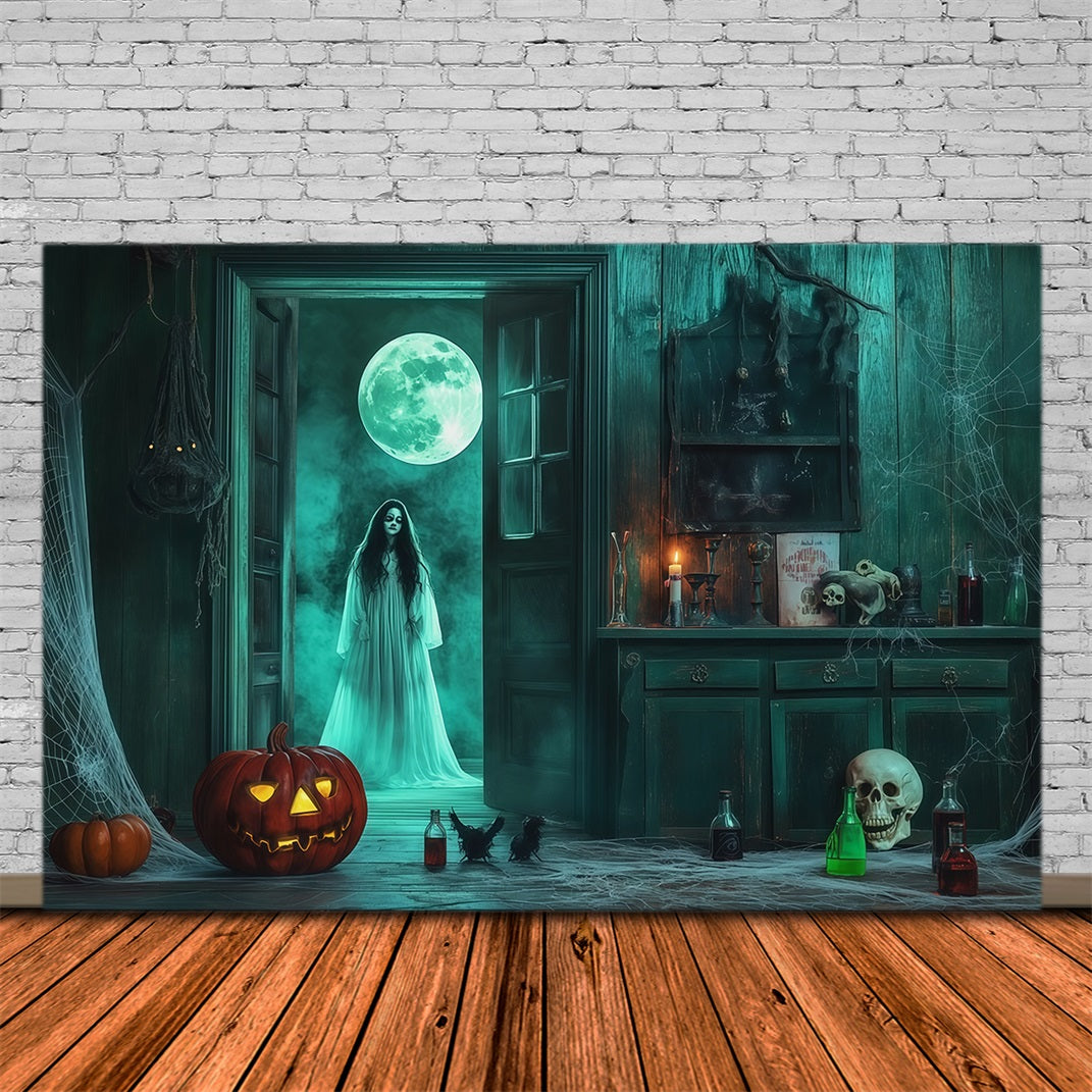 Gruselige Halloween-FotohintergründeGeisterhafter Mond Schrankraum Fröhlicher Halloween-Hintergrund RR67-47