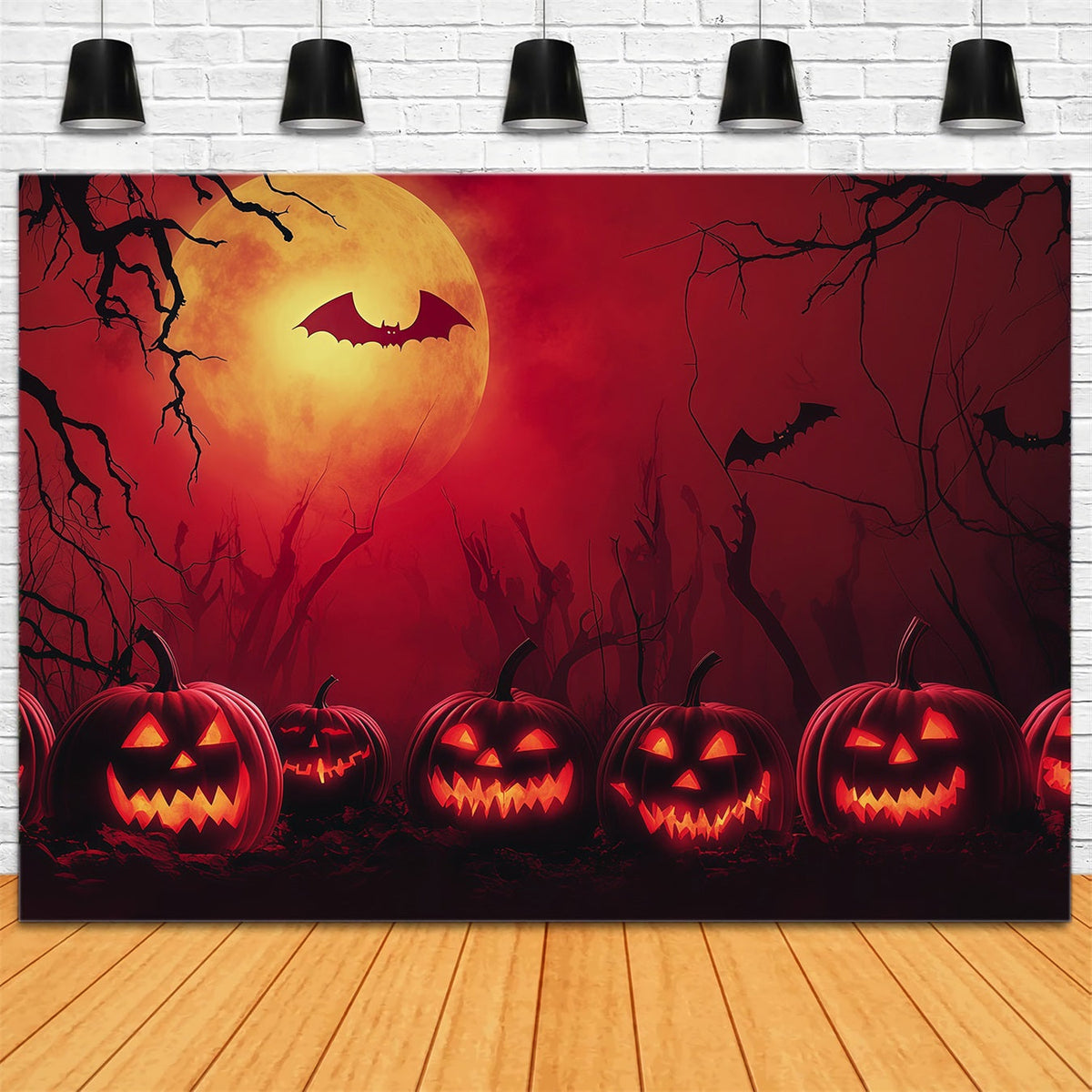 Einfacher Halloween-Hintergrund Mit Rotem Mond Kürbissen Und Fledermäusen Extra Großer Halloween-Hintergrund RR67-48