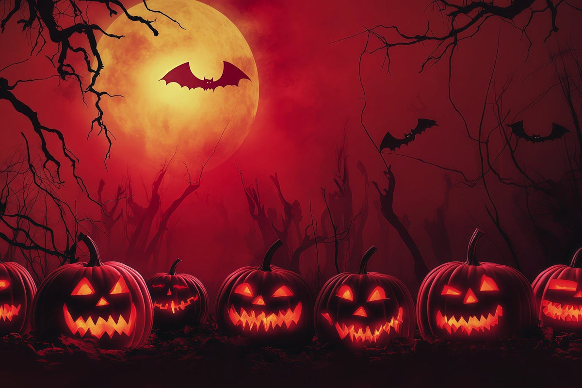 Einfacher Halloween-Hintergrund Mit Rotem Mond Kürbissen Und Fledermäusen Extra Großer Halloween-Hintergrund RR67-48