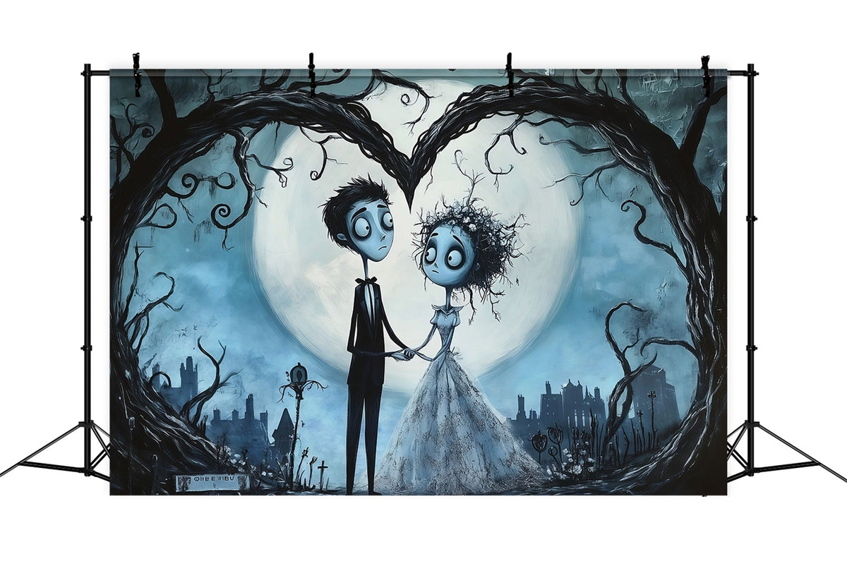 Halloween-Hochzeitshintergrund Gotisches Paar Herz Mond Halloween-Fotohintergrund RR67-53