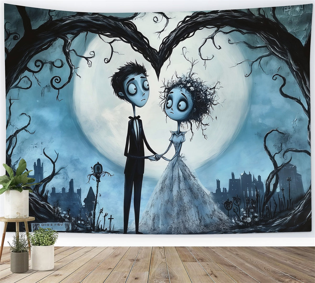 Halloween-Hochzeitshintergrund Gotisches Paar Herz Mond Halloween-Fotohintergrund RR67-53
