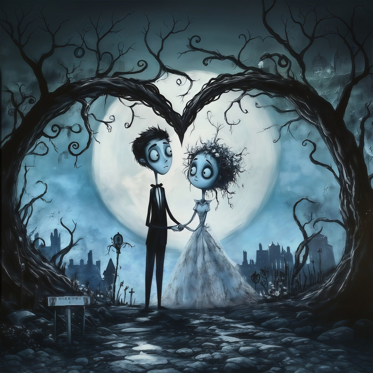 Halloween-Hochzeitshintergrund Gotisches Paar Herz Mond Halloween-Fotohintergrund RR67-53
