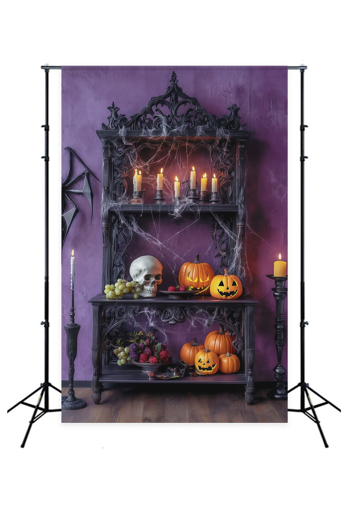 Halloween-Hintergrundkulisse Lila Kerzen-Totenkopf-Regal Halloween-Hintergrundideen RR67-55