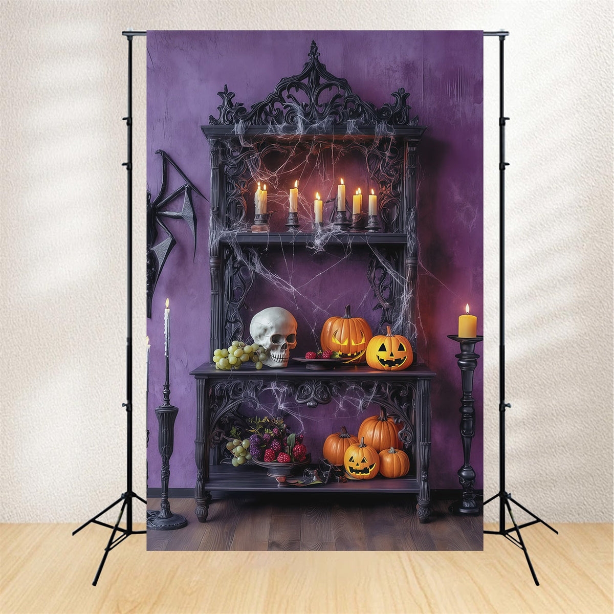 Halloween-Hintergrundkulisse Lila Kerzen-Totenkopf-Regal Halloween-Hintergrundideen RR67-55