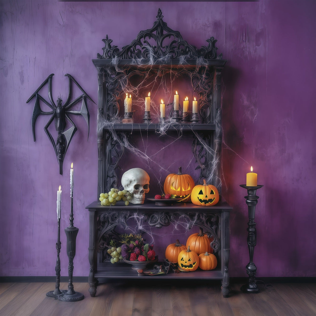 Halloween-Hintergrundkulisse Lila Kerzen-Totenkopf-Regal Halloween-Hintergrundideen RR67-55