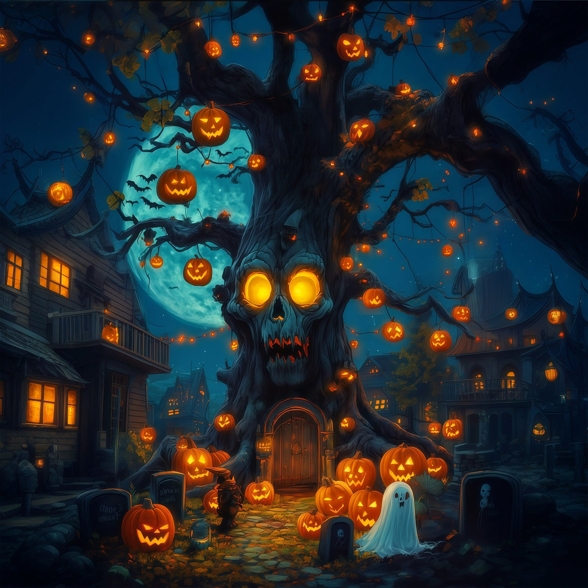Halloween-Hintergrund Für Den AußenbereichTotenkopf Baum Kürbislaternen Gruseliger Halloween-Hintergrund RR67-59