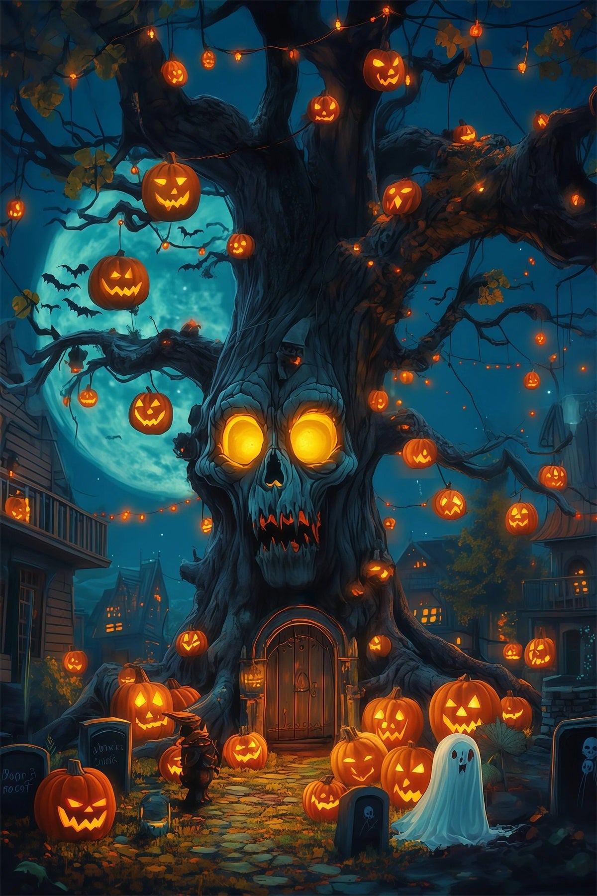 Halloween-Hintergrund Für Den AußenbereichTotenkopf Baum Kürbislaternen Gruseliger Halloween-Hintergrund RR67-59