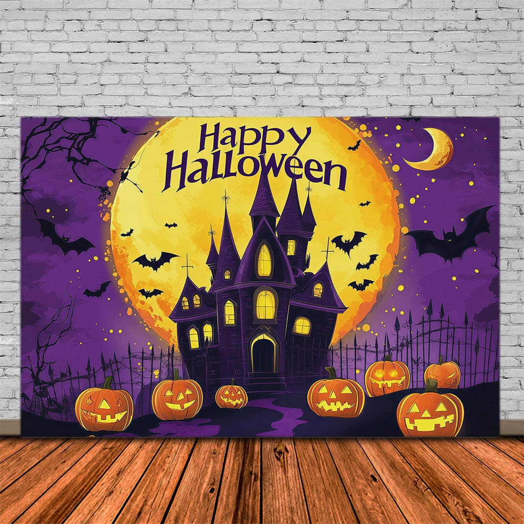Niedliche Halloween-Hintergründe Lila Schloss Kürbis Mond Halloween-Hintergründe Szenenaufbauten RR67-6