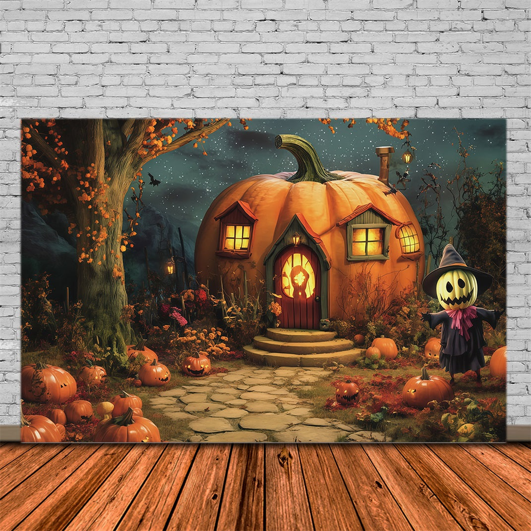 Halloween-Kürbis-Hintergrund Kürbishütte Vogelscheuche Garten Halloween-Fotohintergrund-Ideen RR67-62