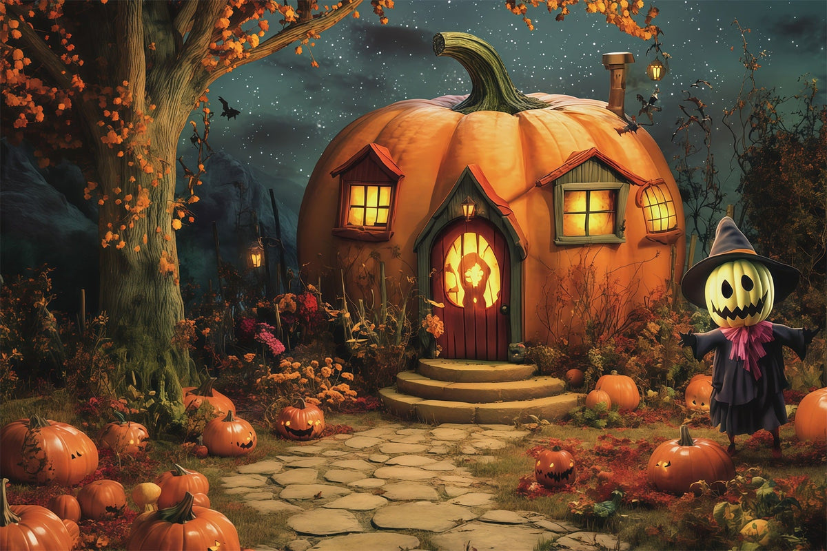 Halloween-Kürbis-Hintergrund Kürbishütte Vogelscheuche Garten Halloween-Fotohintergrund-Ideen RR67-62
