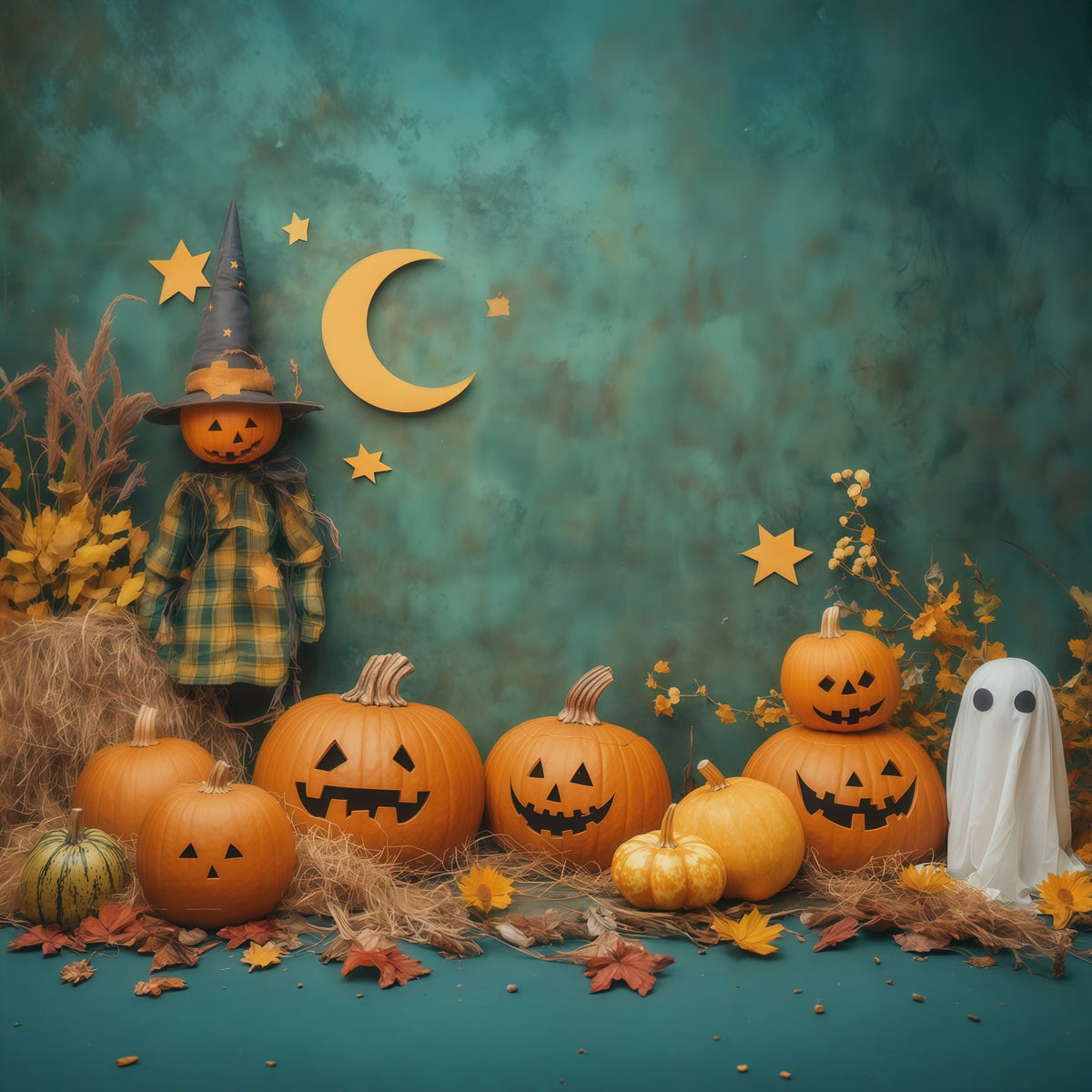Niedliche Halloween-Fotohintergrundkulisse Mit Kürbis- Und Geistermotiven RR67-63