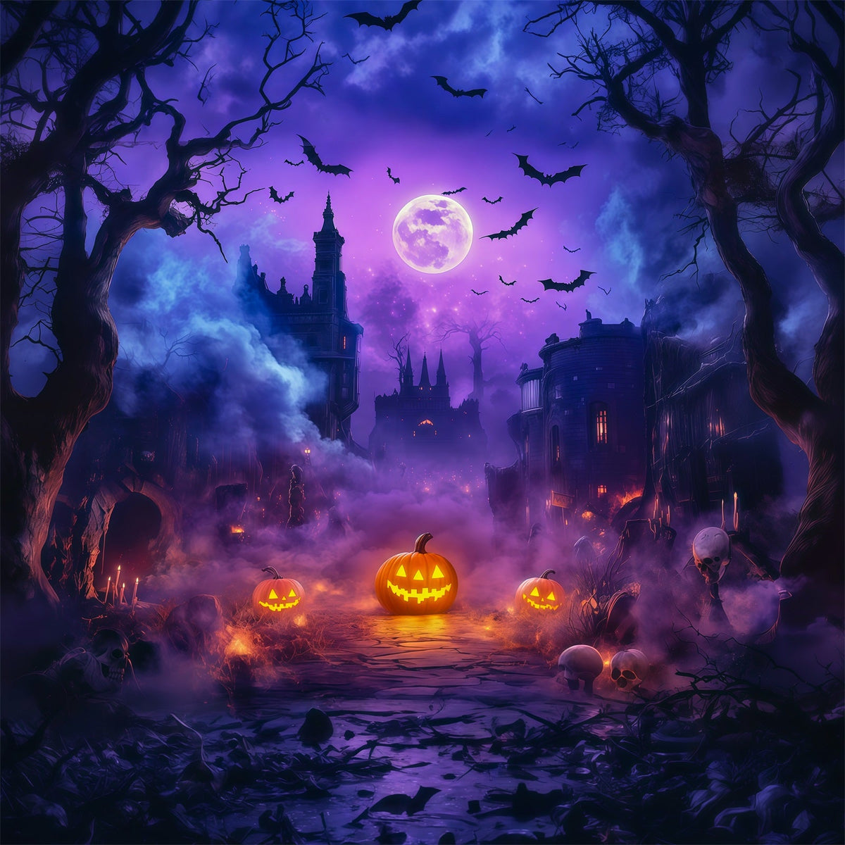 Halloween-Fotohintergrund Für DraußenLila Mond Kürbis Schloss Halloween RR67-71