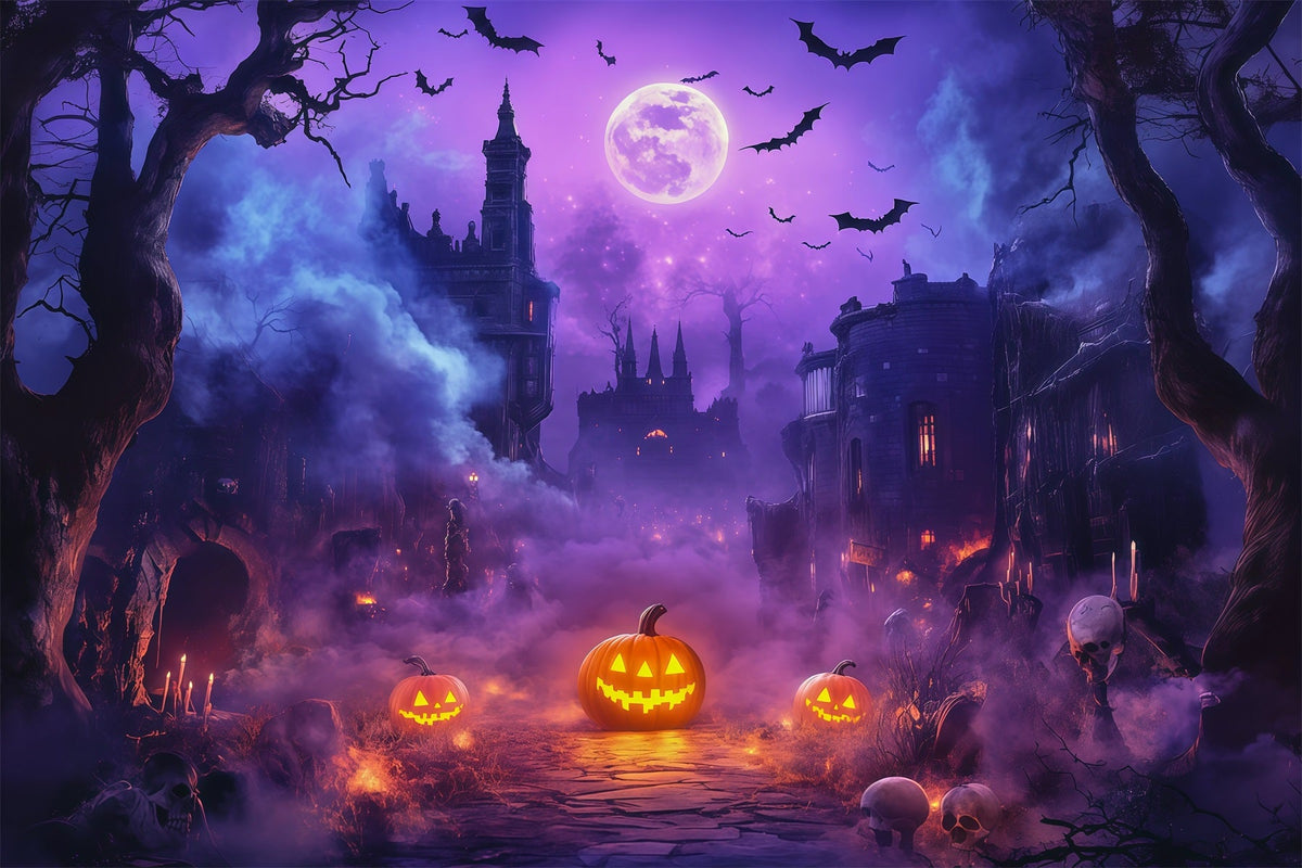 Halloween-Fotohintergrund Für DraußenLila Mond Kürbis Schloss Halloween RR67-71