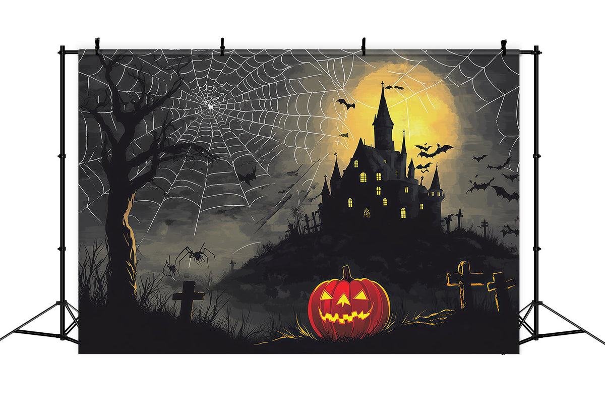 Gruselige Halloween-KulisseSpinnennetzschloss Kürbisnacht RR67-74
