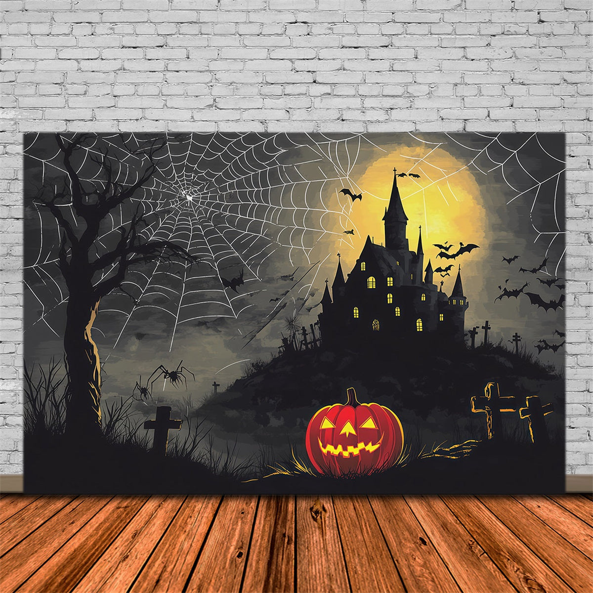 Gruselige Halloween-KulisseSpinnennetzschloss Kürbisnacht RR67-74