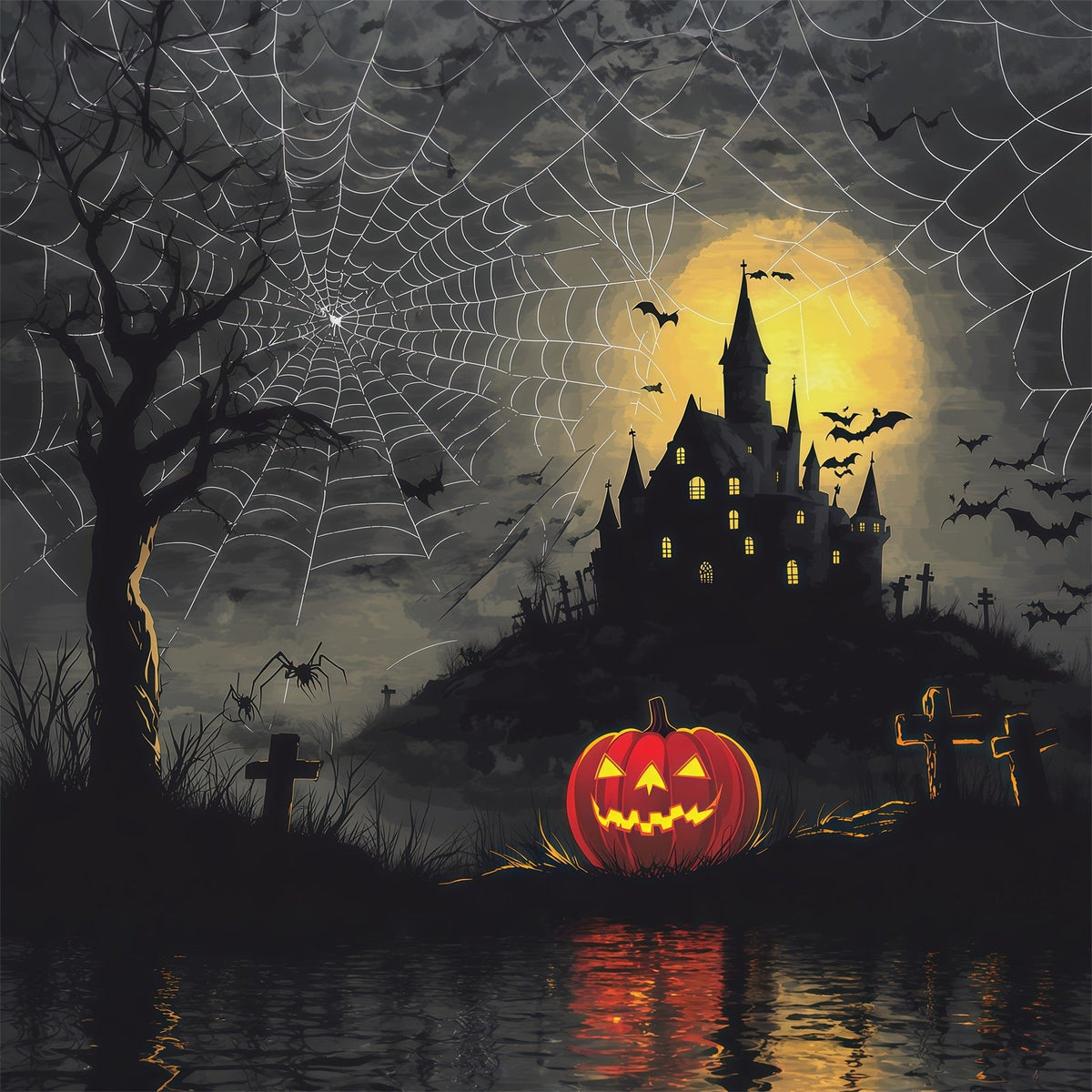 Gruselige Halloween-KulisseSpinnennetzschloss Kürbisnacht RR67-74