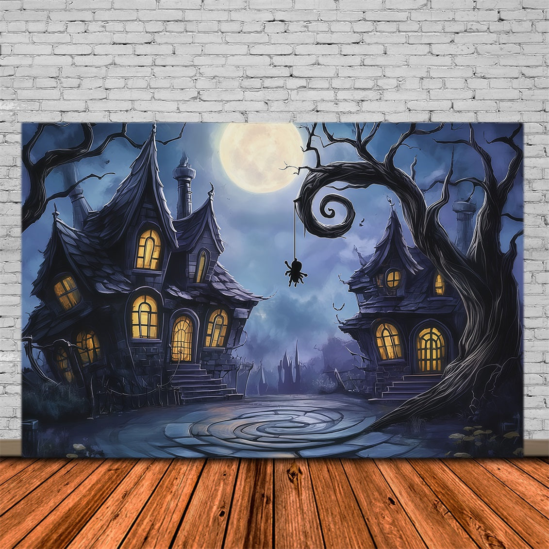 Fotohintergründe Halloween Mondbeschienene Schiefe Spukhäuser Halloween Town Hintergrund RR67-87