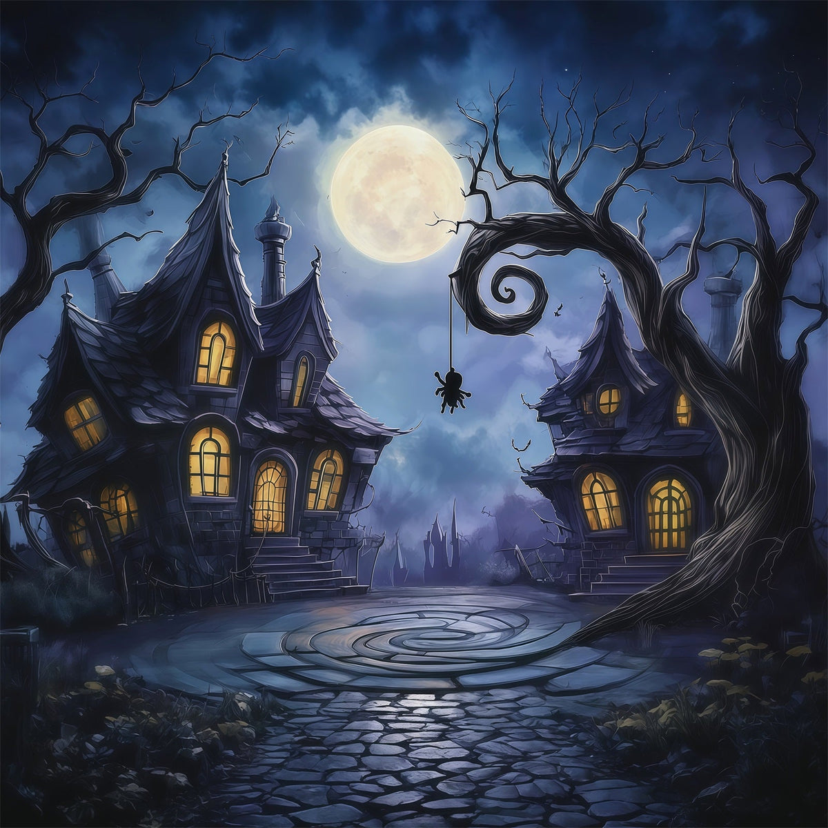 Fotohintergründe Halloween Mondbeschienene Schiefe Spukhäuser Halloween Town Hintergrund RR67-87
