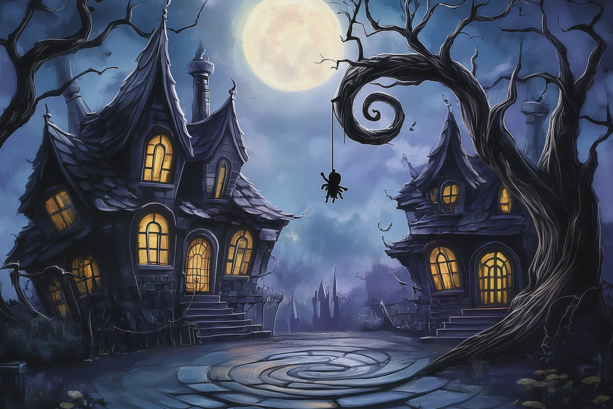 Fotohintergründe Halloween Mondbeschienene Schiefe Spukhäuser Halloween Town Hintergrund RR67-87