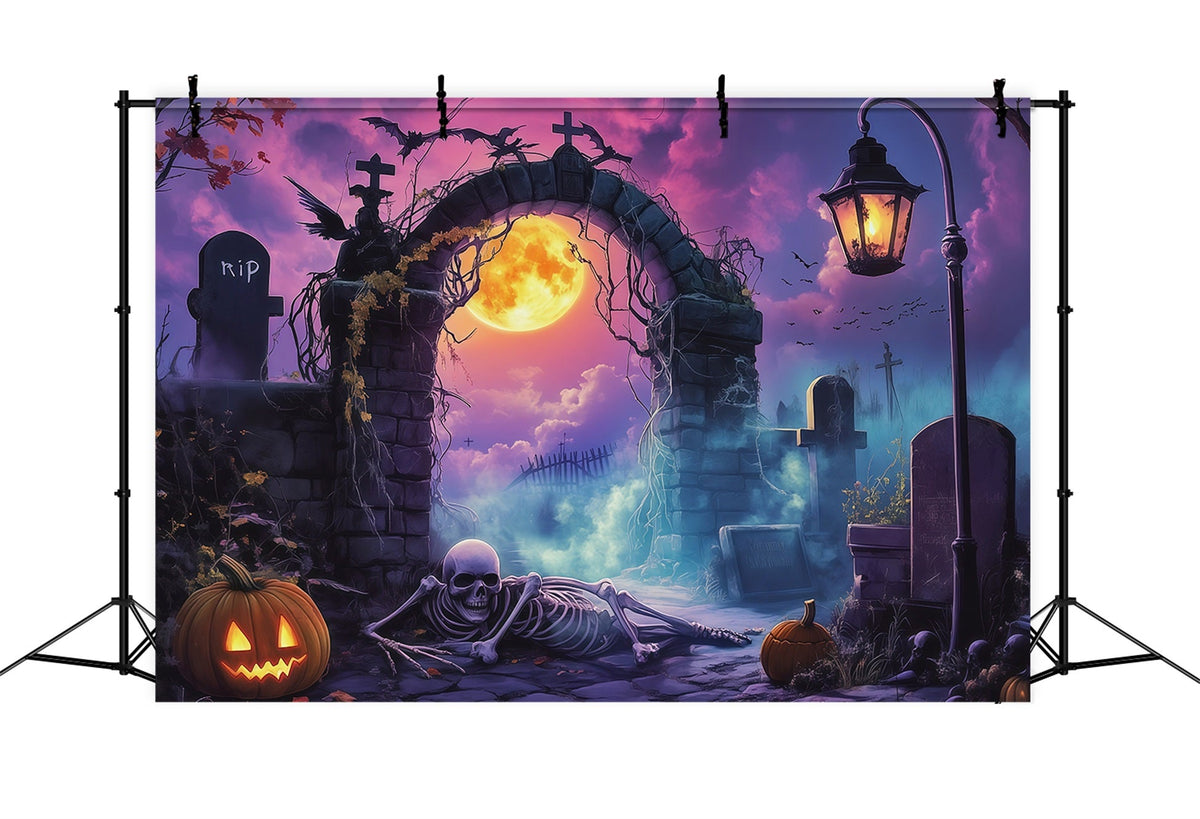 Halloween-Hintergrund Für Den Außenbereich Mondbeschienener Friedhofsbogen Mit Skelett Gruseliger Halloween-Hintergrund RR67-9