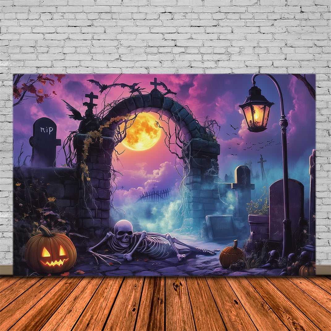 Halloween-Hintergrund Für Den Außenbereich Mondbeschienener Friedhofsbogen Mit Skelett Gruseliger Halloween-Hintergrund RR67-9