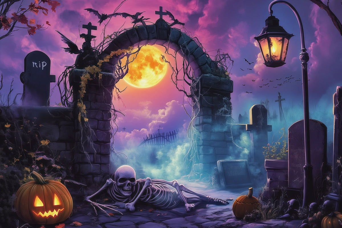Halloween-Hintergrund Für Den Außenbereich Mondbeschienener Friedhofsbogen Mit Skelett Gruseliger Halloween-Hintergrund RR67-9