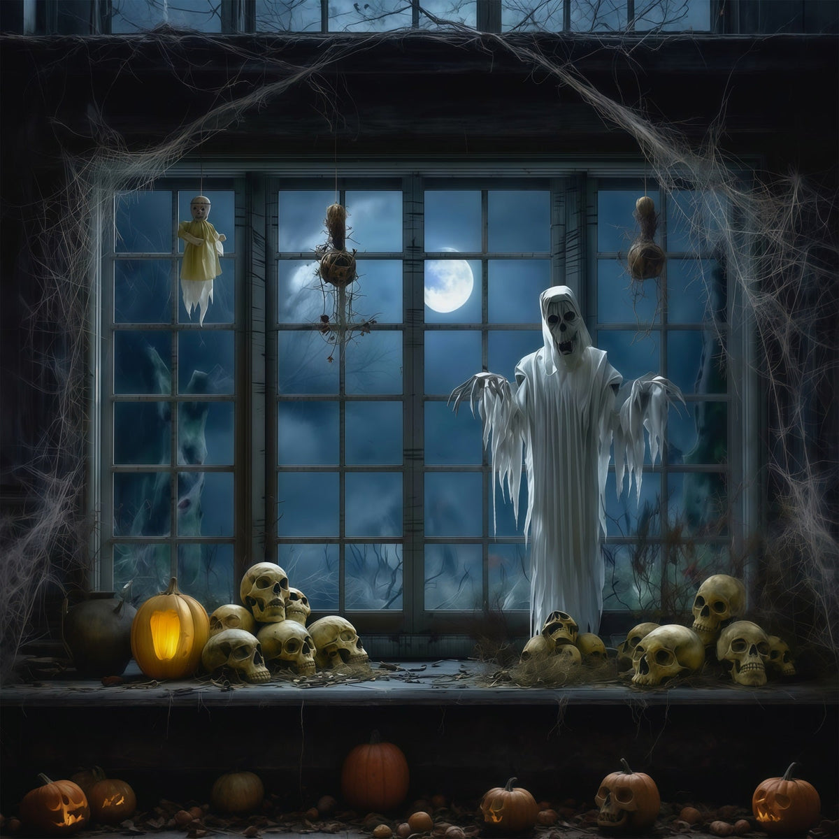 Halloween-FotohintergrundGeister-Fenster-Totenkopf-Dekoration Gruseliger Halloween-Hintergrund RR67-92