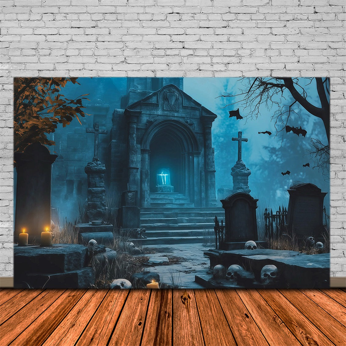 Halloween-Stoffhintergrund Blaue Krypta Kerzen Gräber Friedhof Halloween Hintergründe RR67-93