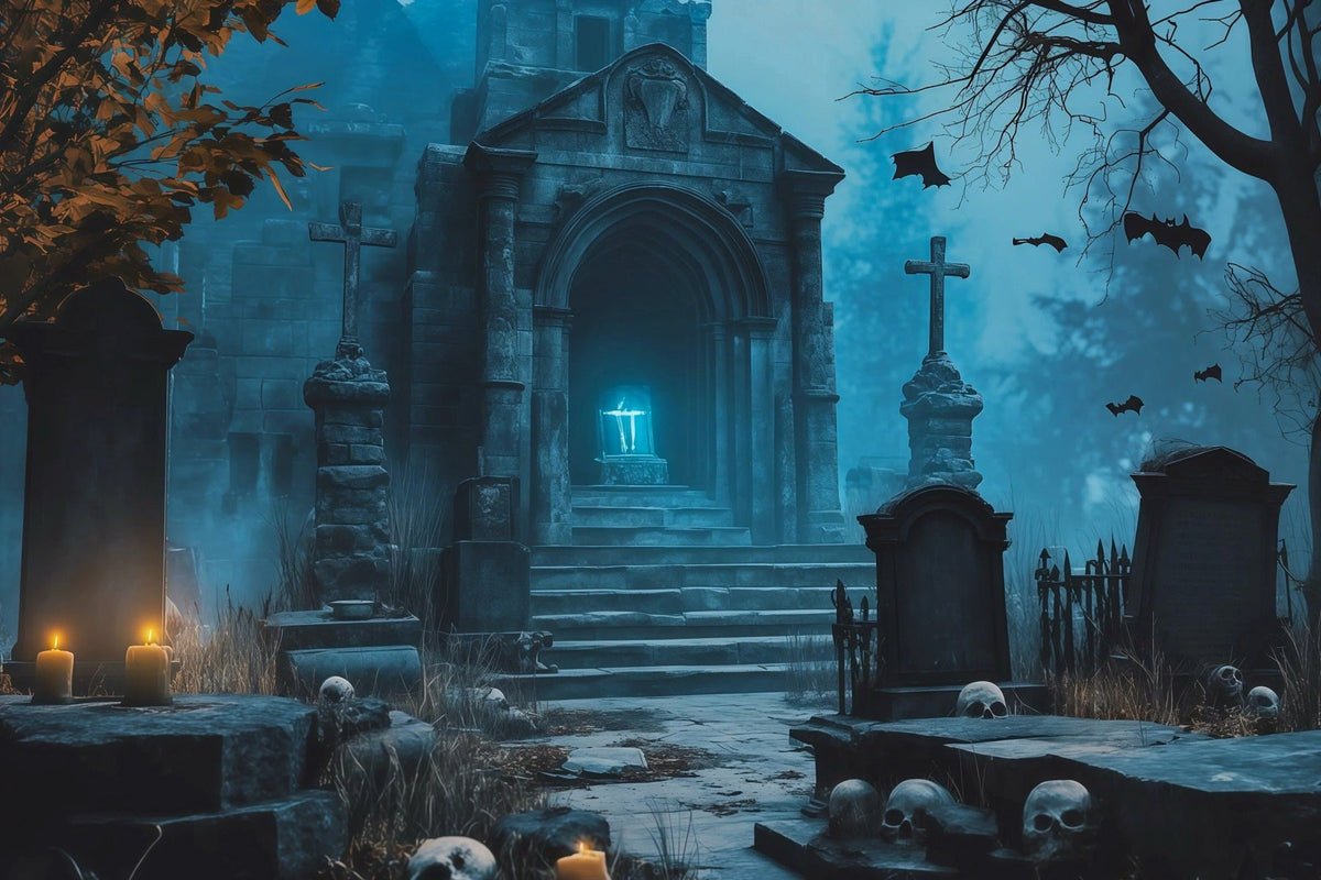 Halloween-Stoffhintergrund Blaue Krypta Kerzen Gräber Friedhof Halloween Hintergründe RR67-93