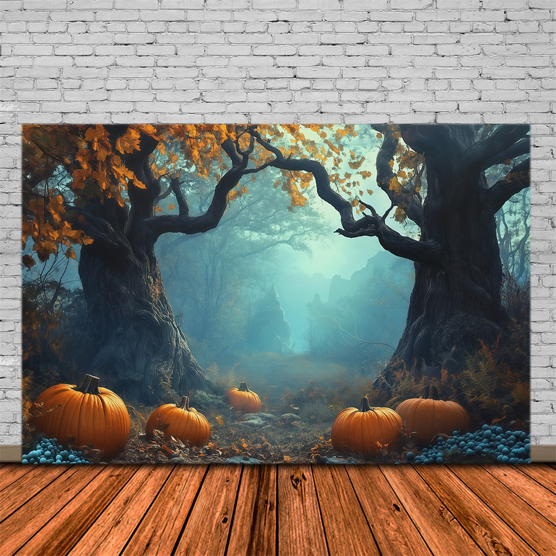 Halloween-Party-Fotohintergrund-IdeenNebeliger Kürbiswaldweg Gruseliger Halloween-Hintergrund RR67-95